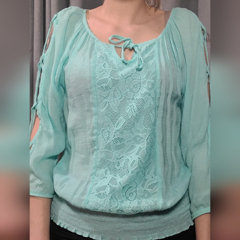 Teal flowing blouse with arm cutouts